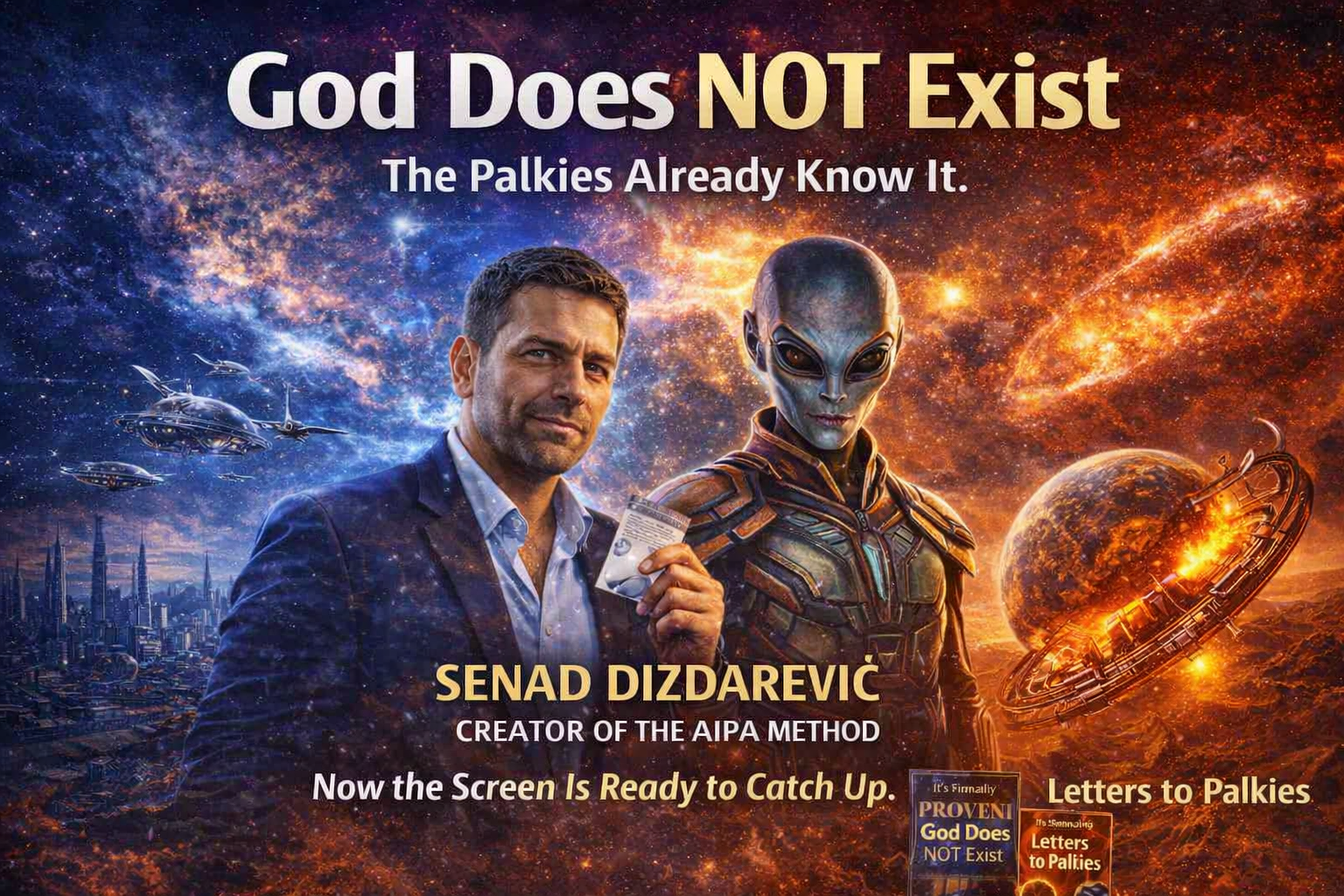 Senad Dizdarević, creator of the AIPA Method, is standing with an alien with his book God Does NOT Exist in his hand, behind is a vast cosmos with stars and alien space ships. 